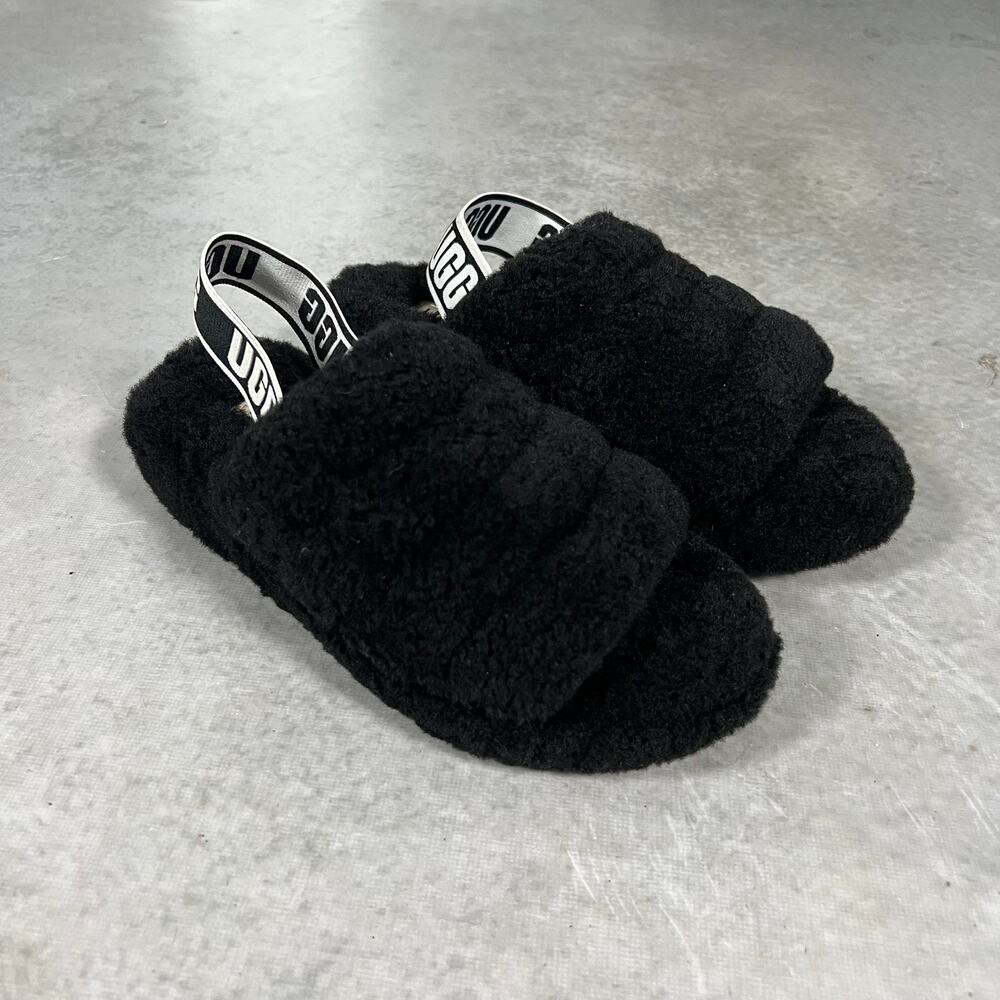 UGG Fluff Yeah Black Sheepskin Slingback Slide Sandals Women's Size 6